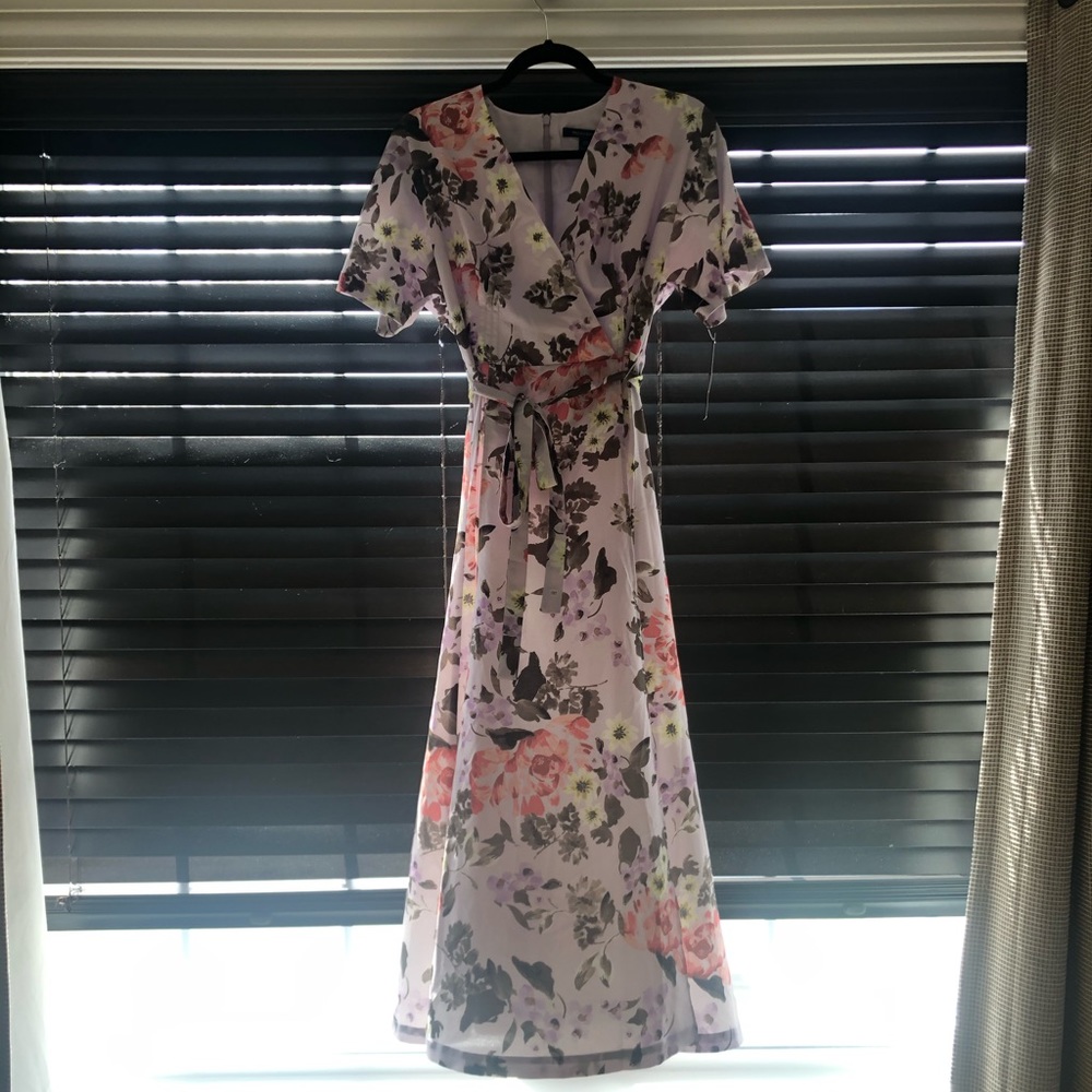 French Connection, lavender floral tie-waist dress